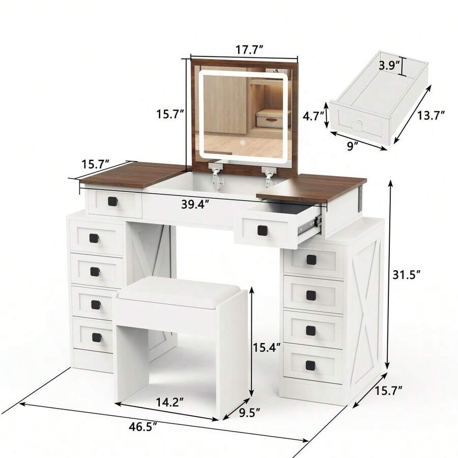 Large White Vanity Table With 10 Drawers And Flip Up Mirror, LED Light