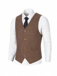 Furuyal Autumn/Winter Men's Herringbone Tweed 3 PiecesSuit Set, Gentleman's Solid Color Double-Breasted Slim Fit Formal Business Single-Breasted Suit Jacket, Vest & Pants Set, Suitable For Galas, Parties, Vintage Gentleman Style, Brown, Size XS-3XL