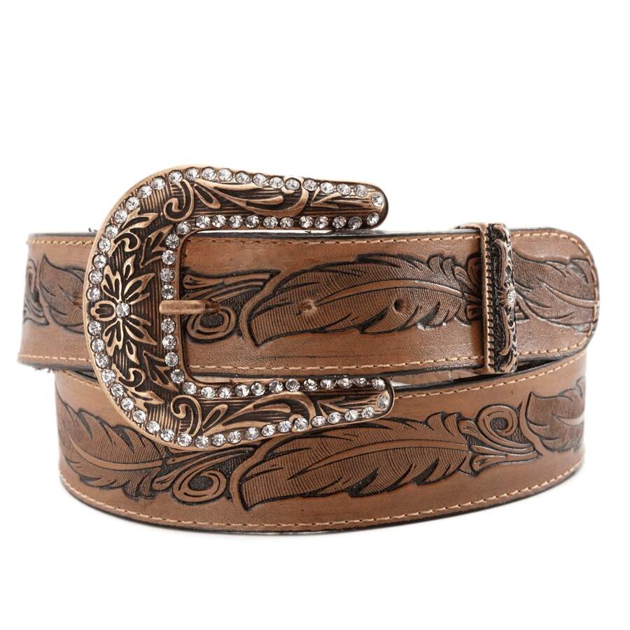 Women's Handmade Belt Carved Feather Buckle Large Rhinestone - Lạc đà - Xem 1