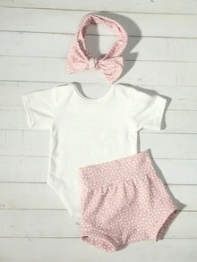 3 件套新生儿摄影道具服装 - “欢迎小宝贝”字母印花连体衣、波尔卡圆点短裤和头带套装，适合女婴、婴儿洗礼、复活节礼物，适合男孩/女孩 - 彩色 - 查看 4