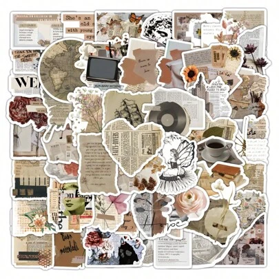 50张防水复古贴纸套装，适用于笔记本电脑、自行车、文具、行李箱、笔记本、笔记、剪贴簿、汽车、水瓶、电脑等，乙烯基材质，适合青少年和成人，返校必备。