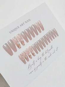 Add A Touch Of Romance With 24Pcs Japanese Style Nude Floral Press On Nails Set, Coffin Long 3D Detachable Full Coverage Fake Nail Kit, Includes 1Sheet Adhesive Tabs &1 Pc Mini File, For Girls Ladies Party Dating Manicure Set Nail Supplies Nails - White - View 4