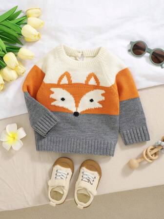 Babypojke långärmad tröja med rund hals, bedårande Fox Jacquard-design, mjuk och bekväm, lämplig för vardagskläder