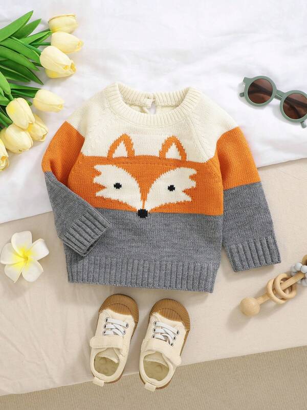Suéter de manga comprida com gola redonda para bebê menino, adorável design de jacquard de raposa, macio e confortável, adequado para uso diário casual