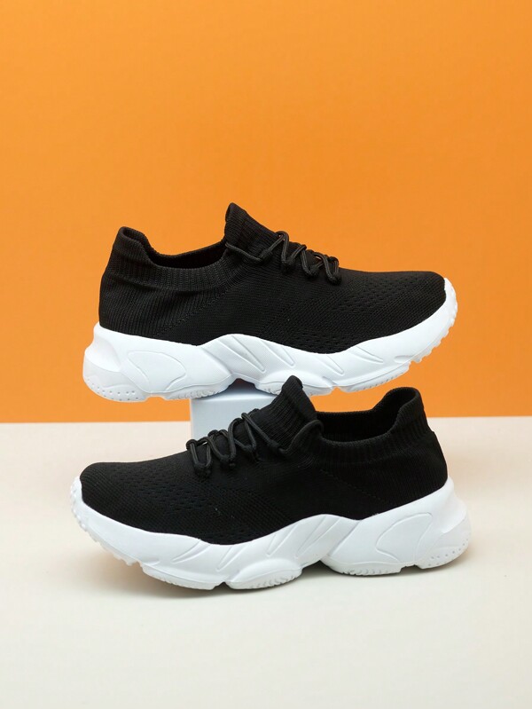 Kids' Black & White Lace Up Sporty Casual Shoes, Knit Slip-On Sneakers, Slouchy Shoes Lightweight Breathable Athletic Sneakers, Height Increasing