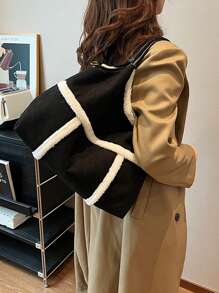 复古拼布绒面革大容量单肩包，羊毛饰边时尚日常通勤手提包，手提包 - 黑色 - 查看 7