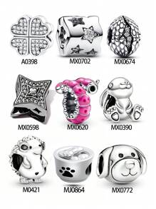 1 套时尚镀银四叶形珠、星形珠、象征新生命的恐龙蛋珠、倒置星形珠、胶滴毛毛虫珠、银色可爱兔子珠、可爱猫爪和骨头珠、银色可爱刺猬珠、银色忠诚狗珠 - 礼物 - 串珠 - 查看 1