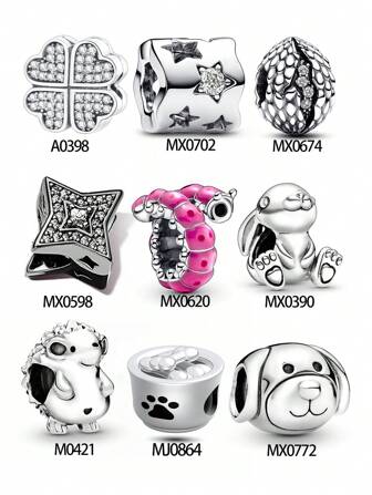 1 套时尚镀银四叶形珠、星形珠、象征新生命的恐龙蛋珠、倒置星形珠、胶滴毛毛虫珠、银色可爱兔子珠、可爱猫爪和骨头珠、银色可爱刺猬珠、银色忠诚狗珠 - 礼物