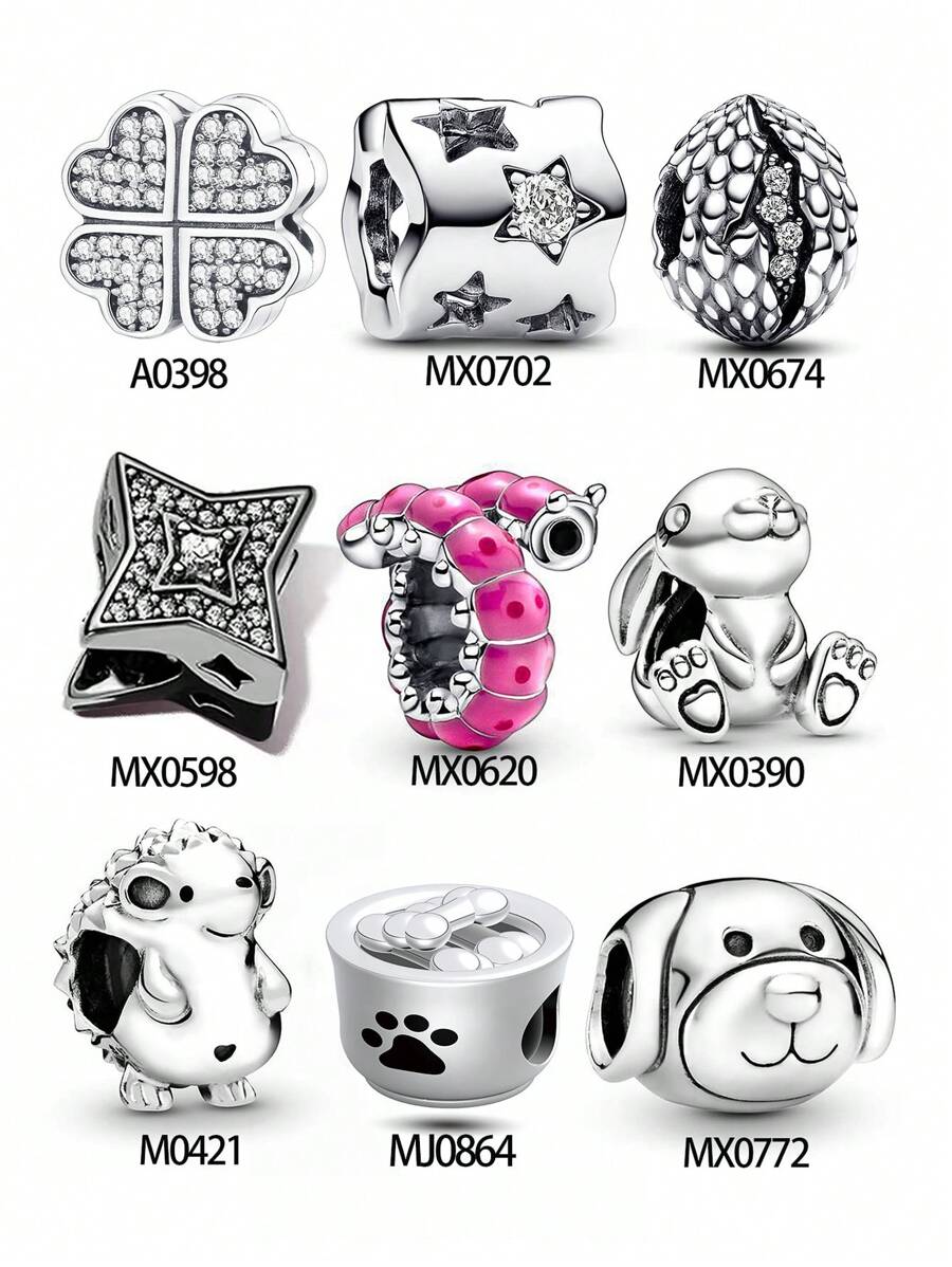 1 套时尚镀银四叶形珠、星形珠、象征新生命的恐龙蛋珠、倒置星形珠、胶滴毛毛虫珠、银色可爱兔子珠、可爱猫爪和骨头珠、银色可爱刺猬珠、银色忠诚狗珠 - 礼物 - 串珠 - 查看 1