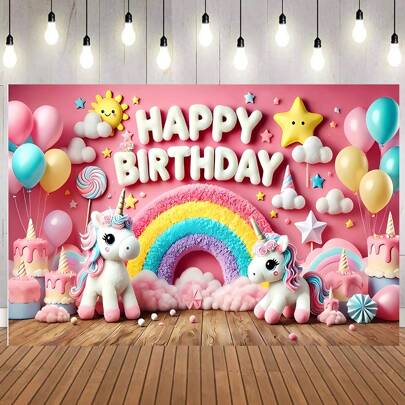 1件装毛绒彩虹独角兽和星星生日派对背景布，尺寸为82.7 * 59.1/59.1 * 39.4/39.4 * 29.5英寸，彩色独角兽彩虹生日横幅，独角兽生日装饰 - 气球和星星派对背景 - 活动和庆典装饰，独角兽生日横幅