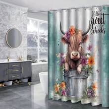 1入組/4入組可愛的高地牛淋浴簾套裝- 复古花紋浴室地墊，U型地墊，坐墊墊，防水防滑浴室裝飾配件，附有12個塑料掛鉤，70.8英寸寬x70.8英寸高 - 彩色 - 查看 4