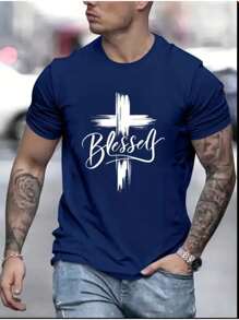 CROSS Men's T-Shirt Simple Short Sleeve Round Neck Printed New Arrival - 藏蓝色 - 查看 1