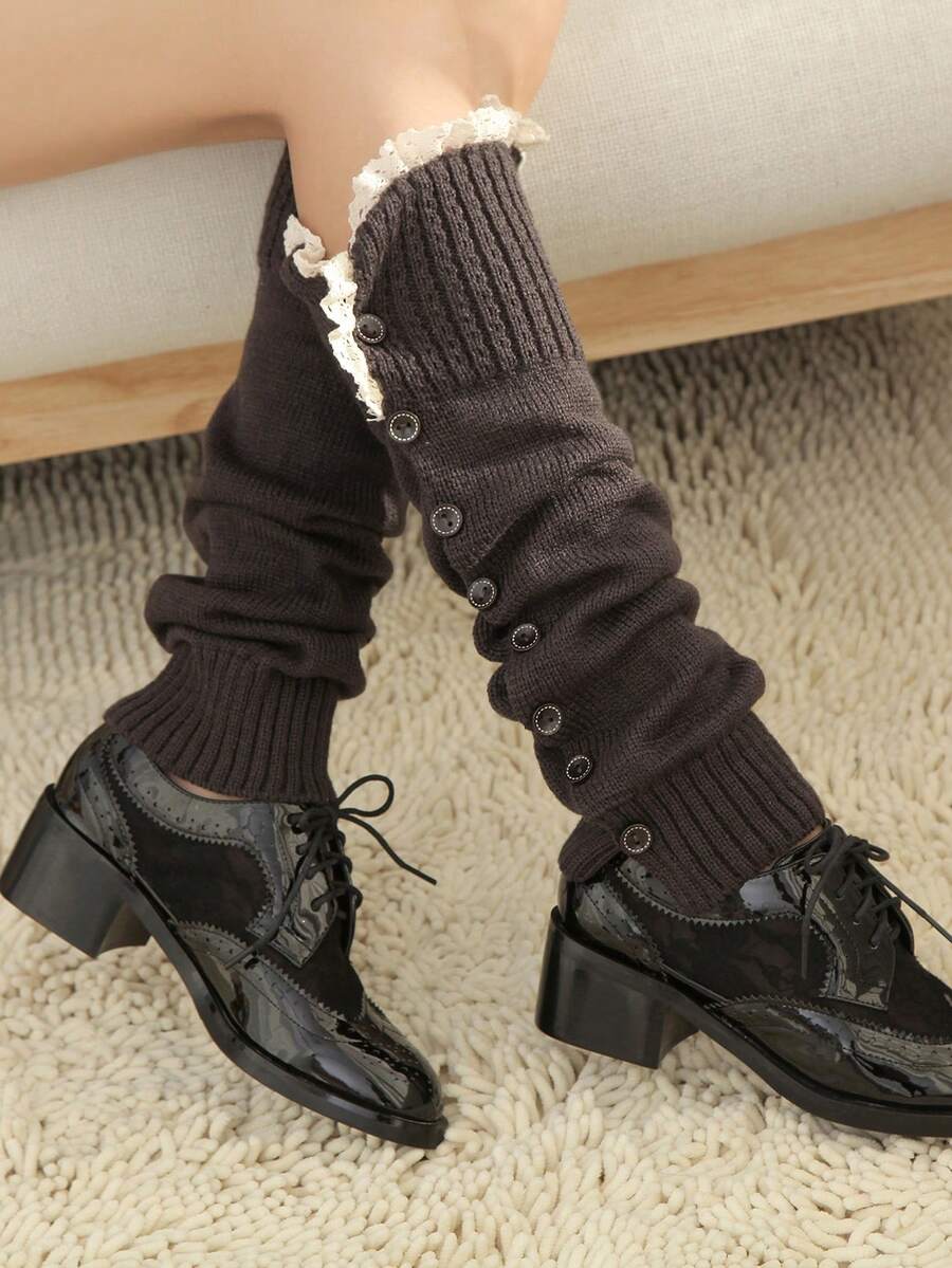 1 双纯色休闲宫廷风格涤纶绗缝褶皱荷叶边/褶边暖腿套/靴筒袖口配蕾丝边饰纽扣，长款，通勤时尚，秋冬季保暖 - 腿套 - 查看 1