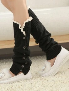 1 双纯色休闲宫廷风格涤纶绗缝褶皱荷叶边/褶边暖腿套/靴筒袖口配蕾丝边饰纽扣，长款，通勤时尚，秋冬季保暖 - 腿套 - 查看 3