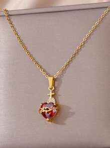 1 pièce Collier Cœur Immaculé de Marie Délicat Pendentif en Forme de Cœur Rose en Zirconium Chaîne en Acier Inoxydable Bijoux Catholiques Accessoires Mode pour la Saint-Valentin