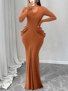 AIJ Amarilo Elegant Solid Color Mermaid Dress, Sexy Party Wear, Autumn/Winter - Brown - View 1