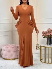 AIJ Amarilo Elegant Solid Color Mermaid Dress, Sexy Party Wear, Autumn/Winter - Brown - View 4