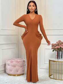 AIJ Amarilo Elegant Solid Color Mermaid Dress, Sexy Party Wear, Autumn/Winter - Brown - View 5