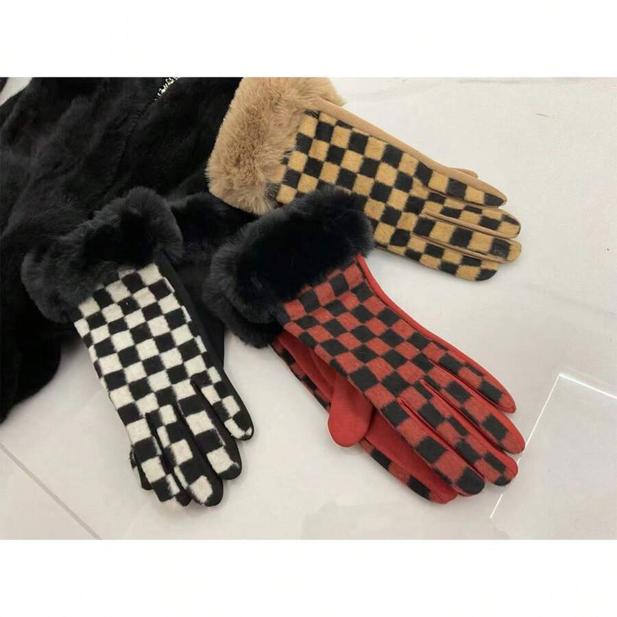 2件装女士马海毛网格条纹三色触屏手套时尚亮色手套防风保暖手套户外运动潮流手套 - 彩色 - 查看 1