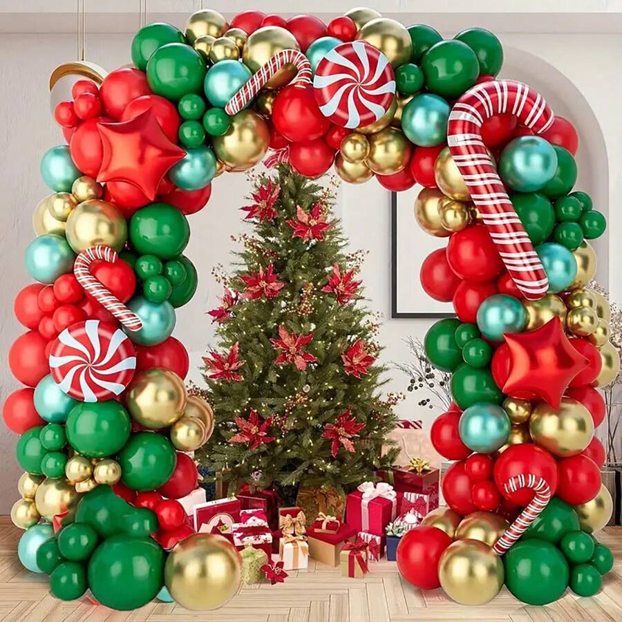 147pcs Christmas Theme Red Latex Balloons Garland Arch Kit For Merry Xmas Birthday Wedding Bridal Party Outdoor Background Home Bar Decor Supplies - Multicolor - View 1