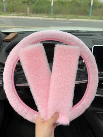 3pcs Car Plush Steering Wheel Cover And Shoulder Protection Cover Three Pieces Set Combination Suitable For Use In Spring, Autumn And Winter,Car Stuff For Woman,Pink Car Stuff