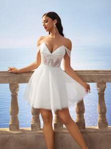 HEARBOBO 华丽甜心露肩性感深V领舞会派对A字型情人节蕾丝束身新娘送礼会礼服 - 白色 - 查看 2