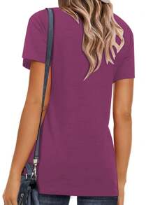 Huskary Womens Short Sleeve Basic Shirts Crewneck Tees Loose Fit Fashion Tops Casual Summer Clothes - Màu tím - Xem 2