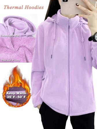 Women's Soft Thermal Fleece Hoodies Warm Stand Collar With Detachable Hooded Zipper Pockets Zipper Jacket Camping Outerwear Hiking