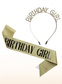 1pc Girl's Happy Birthday Shiny 3D Headband Ribbon Set For Birthday Party