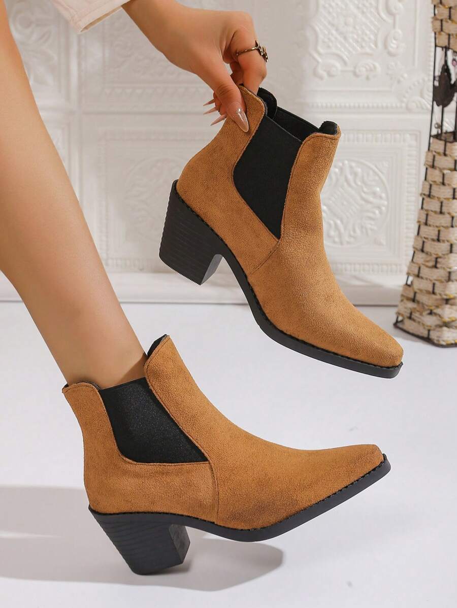 Queenzoo 大码棕色尖头粗跟弹力踝靴，女式，秋冬新品 - 棕色 - 查看 1