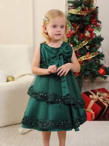 年轻女孩亮片大蝴蝶结无袖公主薄纱露背派对晚礼服