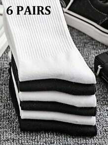 6 đôi/10 đôi Tất dài đến bắp chân sọc dọc trơn Unisex, Đen & Trắng, Tất thể thao thường ngày thoải mái, đơn giản & đa năng, Mùa thu/Đông - Nhiều màu - Xem 2