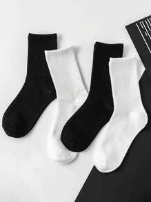 6 đôi/10 đôi Tất dài đến bắp chân sọc dọc trơn Unisex, Đen & Trắng, Tất thể thao thường ngày thoải mái, đơn giản & đa năng, Mùa thu/Đông - Nhiều màu - Xem 4