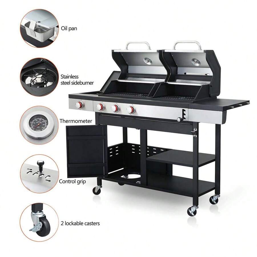 3 Burner BBQ Propane Gas Grill With Side Burner, Combined With Charcoal ...