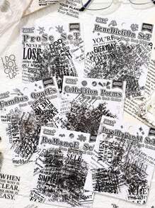 40pcs Random Style Pure Black Poet Creative Stickers Hand Account Stickers Pack English Letter PET Hand Account Material Stickers Back To School