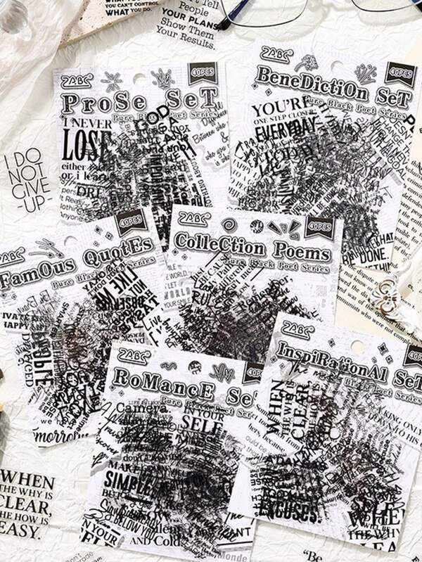 40pcs Random Style Pure Black Poet Creative Stickers Hand Account Stickers Pack English Letter PET Hand Account Material Stickers Back To School