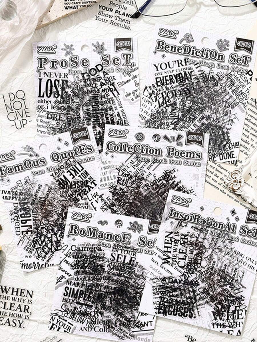 40pcs Random Style Pure Black Poet Creative Stickers Hand Account Stickers Pack English Letter PET Hand Account Material Stickers Back To School