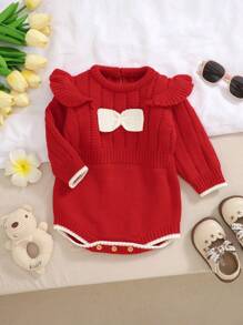 Elegant Red Holiday Style Baby Onesie, Infant Girls' Long Sleeve Romper With Bow Decor, Soft & Comfortable Crawler Bodysuit, Necessary For Outings, Adorable Design To Nurture Every Step Of Baby Growth
