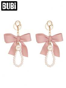 Pearl Bow Keychain For Women Female Lady Girls Fashion Ornaments Universal Bag Pendant Car Key Chain Wristlet Handbag Decoration Holiday Gift Auto Accessories