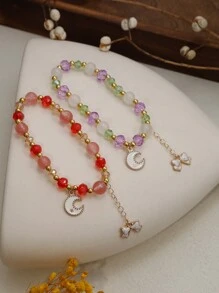 1 chiếc vòng tay hạt cườm ngọt ngào thời trang dành cho nữ, bé gái tuổi teen, vòng tay hạt cườm nhiều màu sắc có mặt trăng, mặt dây chuyền nơ, vòng tay co giãn sang trọng, hạt cườm thủ công tinh tế, quà tặng bạn gái cho bạn bè, chị gái, con gái, cháu gái, mẹ - nơ sao - Xem 3