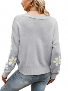 Women Loose Knit Sweater, Adults Button-down Flower Pattern Long Sleeve V-neck Cardigan - Gris - Ver 3