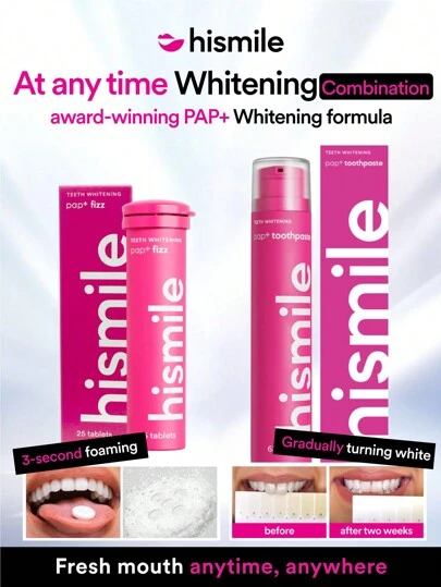 Hismile Progressive Whitening Combination,Includes A PAP+Fizz And A PAP+ Whitening Toothpaste, PAP+ Whitening Toothpaste™ Powerful And Effective Daily Whitening.A Fluoride-Free Everyday Whitening Toothpaste Designed To Gently Lift Stains For An Overall Brighter Smile. PAP+ Fizz,Teeth Whitening Teeth Cleaning Mousse,Whitening And Fresh Breath, Anywhere, Anytime.