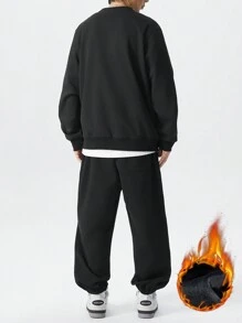 大码保暖内衬运动衫和运动裤套装，圆领钢印花上衣和抽绳腰裤，休闲运动服 - 黑色 - 查看 5