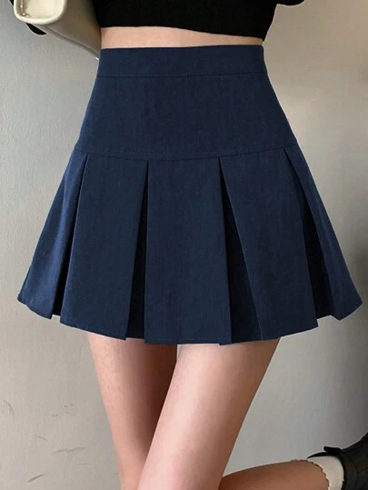 Plain Color Casual Versatile Women Pleated Skirt