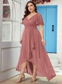 Große Größen Kleid im V-Ausschnitt mit kontrastierendem floralem Spitzenbesatz, Chiffon Wickelsaum, Formelles Kleid, Party Kleid, Hochzeitsgast Kleid, Abendkleid, Abendrobe