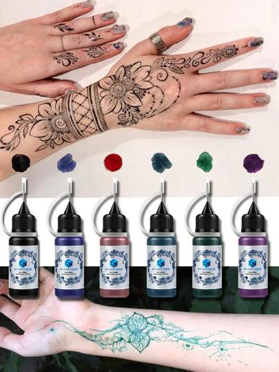6瓶果汁纹身墨水彩色果汁含天然植物成分海娜手绘人体彩绘肌肤彩绘结合纹身模板海娜新娘婚礼派对手绘半永久防水仿真纹身果汁膏