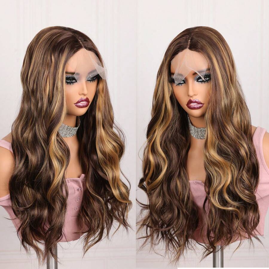 26 Inch 180% Density Ombre Brown-Blonde Long Wavy Synthetic Lace Front Wig, Soft Lace, Heat Resistant, No Glue Needed, 1 Piece - Ombre - View 1
