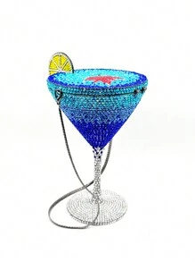 Latest Crystal Clutch Bag With Cocktail Glass Design, Pink/Blue Full Crystal Clutch, Handmade Diamond Evening Clutch Bag, Charming Crystal Handbag, Suitable For Wedding Bride/Gala And Prom, Exquisite Gift Box Packaging (Cannot Fit Phone) - Blue - View 2