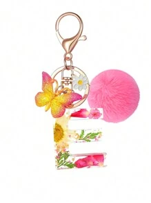 1pc Resin Dried Flower & Letter Shaped Keychain, Fashionable Butterfly Tassel Pom Pom Decor Key Ring, For Mom & Best Friend Car Accessories Bag Charm Backpack For School Cute Goth Y2k Halloween Accessories Teachers Day Christmas Gift Ideas Bag Lanyards With Id Holder Car Accessories Bag Charms Car Sister - Pink - View 17