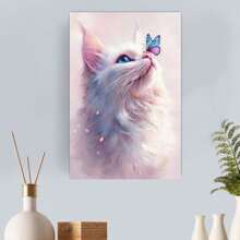 Cat And Butterfly Wooden Framed Canvas Painting Wall Art Prints For Home Decoration, Living Room & Bedroom, Festival Party Decor, Gifts, Ready To Hang